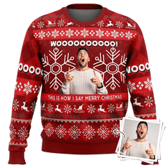 Custom Photo Red Ugly Christmas Sweater -Wooooooooo!, Gift for Men Women