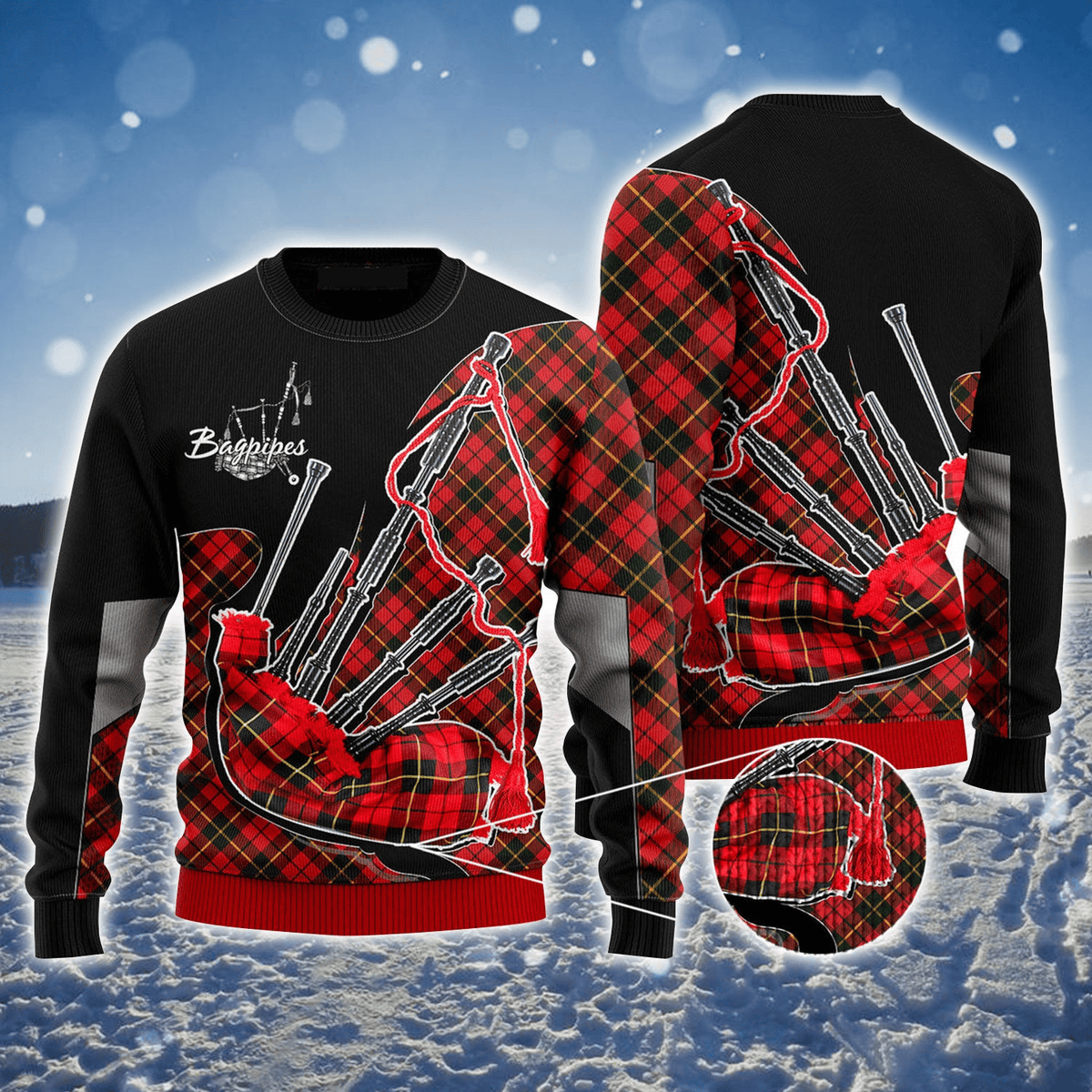 Bagpipes Music Ugly Sweater, Christmas Ugly Sweater, Red & Black Plaid Pattern Ugly Sweater, Perfect Gift For Music Lovers