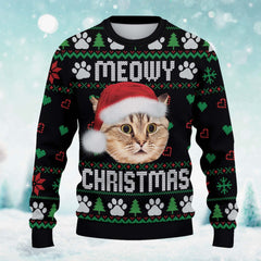 Personalized Meowy Christmas Shirt Cat Custom Photo Ugly Christmas Sweater Santa Cat Lovers Xmas Sweatshirt Cat Lover All Over Print Sweater