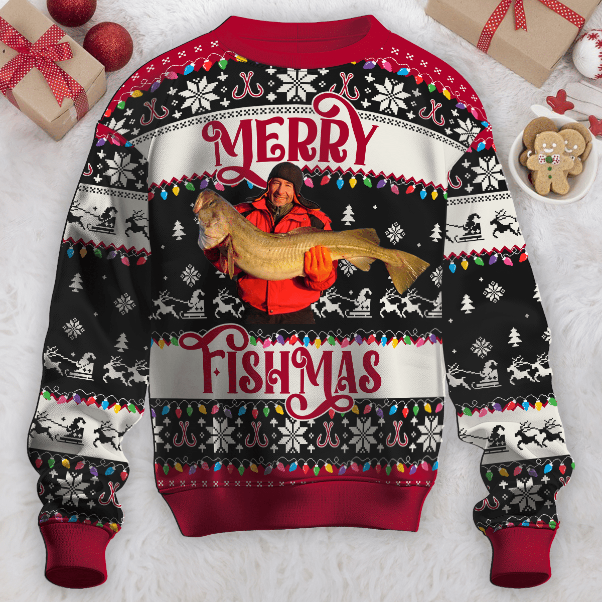 Custom Photo Fish Ugly Christmas Sweater, Perfect Gift for Fisher