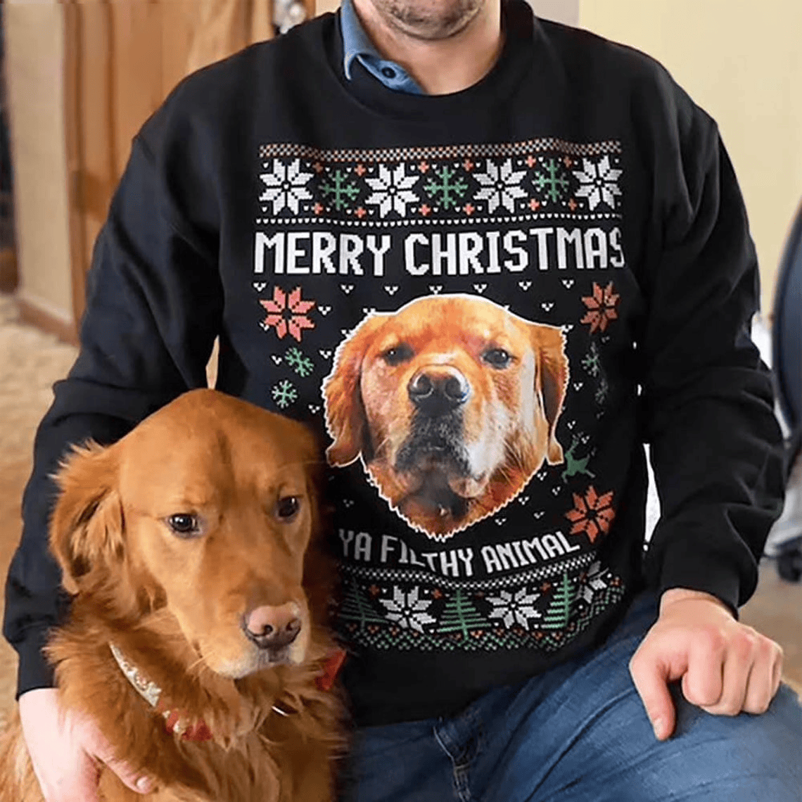 Custom Photo Ugly Christmas Ya Filthy Animal Dog Cat Sweatshirt, Dog Lover Sweater Christmas