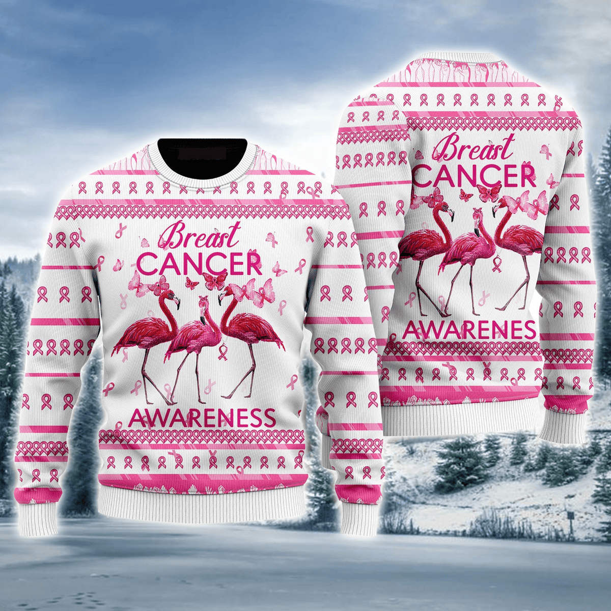 Flamingo Breast Cancer Awareness Ugly Sweater Christmas, Flamingo Ugly Sweater For Men & Women